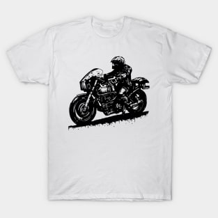 shadow biker riding the motorcycle stencil art black and white T-Shirt